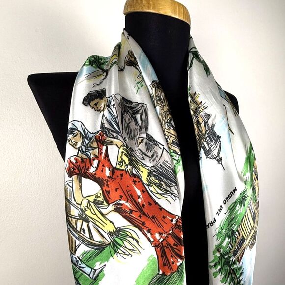 60s 70s Vintage Madrid Souvenir Scarf | Spain Travel Print Tourist Landmarks - Picture 1 of 9